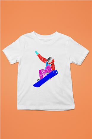 Snowboarding Baskılı Unisex Beyaz Çocuk Tişört - Tshirt