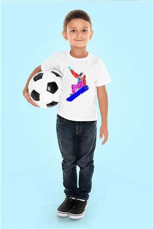 Snowboarding Baskılı Unisex Beyaz Çocuk Tişört - Tshirt