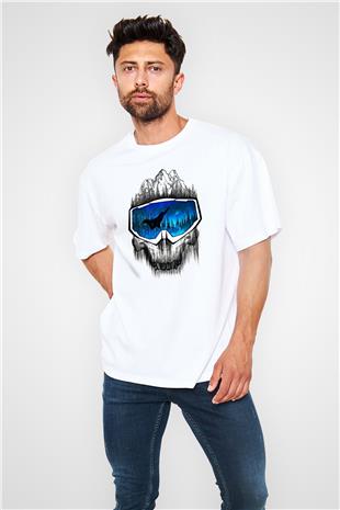 Snowboarding Baskılı Unisex Beyaz Oversize Tişört - Tshirt