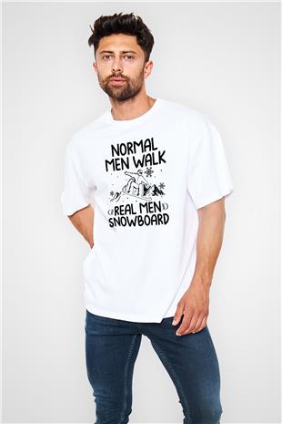 Snowboarding Baskılı Unisex Beyaz Oversize Tişört - Tshirt