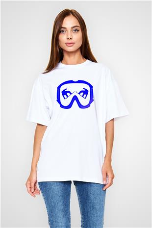 Snowboarding Baskılı Unisex Beyaz Oversize Tişört - Tshirt