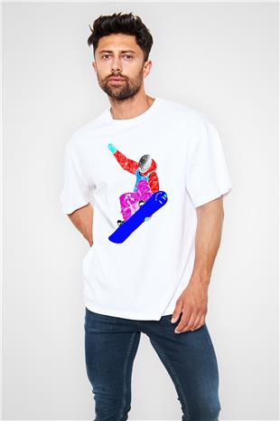Snowboarding Baskılı Unisex Beyaz Oversize Tişört - Tshirt