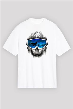 Snowboarding Baskılı Unisex Beyaz Oversize Tişört - Tshirt