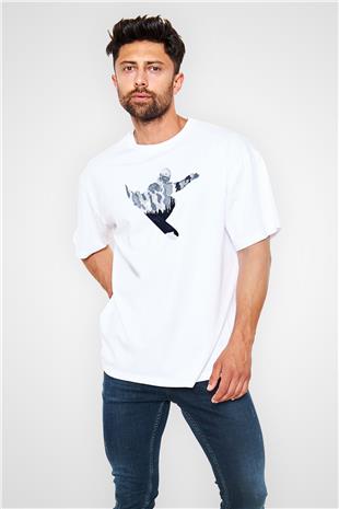 Snowboarding Baskılı Unisex Beyaz Oversize Tişört - Tshirt
