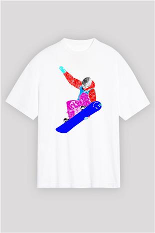 Snowboarding Baskılı Unisex Beyaz Oversize Tişört - Tshirt