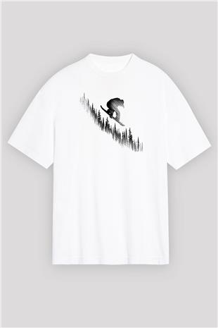 Snowboarding Baskılı Unisex Beyaz Oversize Tişört - Tshirt
