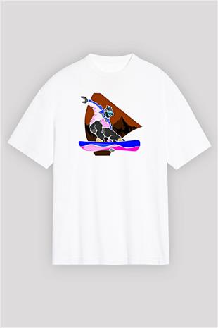 Snowboarding Baskılı Unisex Beyaz Oversize Tişört - Tshirt