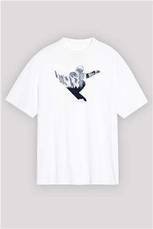 Snowboarding Baskılı Unisex Beyaz Oversize Tişört - Tshirt