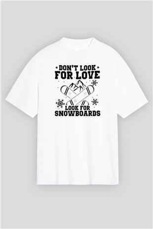 Snowboarding Baskılı Unisex Beyaz Oversize Tişört - Tshirt