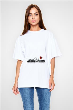 Snowboarding Baskılı Unisex Beyaz Oversize Tişört - Tshirt