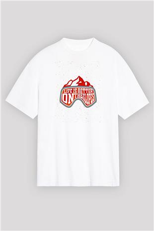 Snowboarding Baskılı Unisex Beyaz Oversize Tişört - Tshirt
