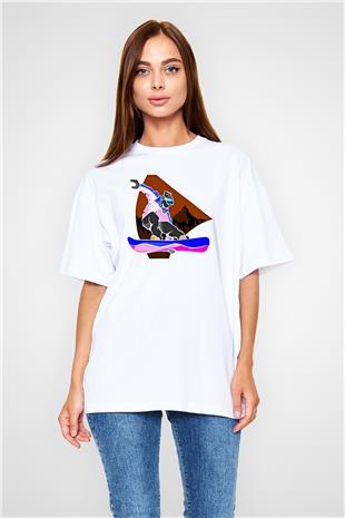 Snowboarding Baskılı Unisex Beyaz Oversize Tişört - Tshirt