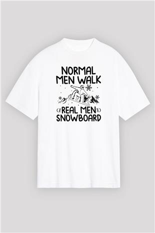 Snowboarding Baskılı Unisex Beyaz Oversize Tişört - Tshirt