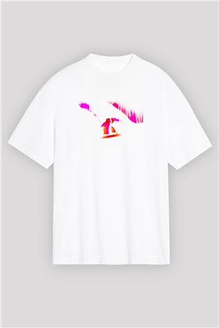 Snowboarding Baskılı Unisex Beyaz Oversize Tişört - Tshirt