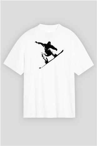 Snowboarding Baskılı Unisex Beyaz Oversize Tişört - Tshirt