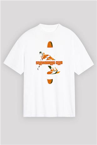Snowboarding Baskılı Unisex Beyaz Oversize Tişört - Tshirt