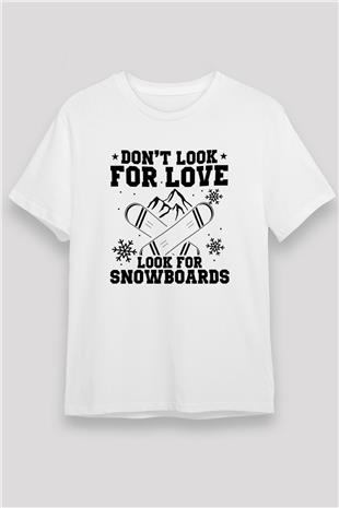 Snowboarding Baskılı Unisex Beyaz Tişört - Tshirt