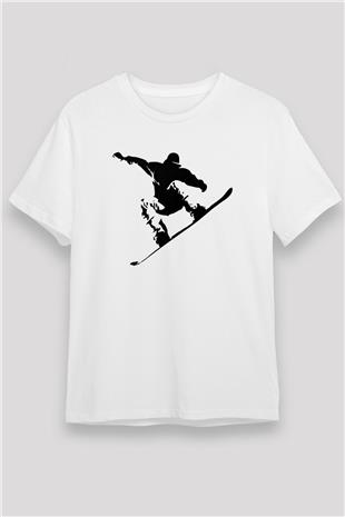 Snowboarding Baskılı Unisex Beyaz Tişört - Tshirt