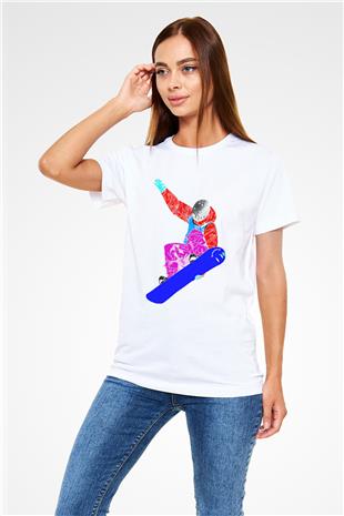 Snowboarding Baskılı Unisex Beyaz Tişört - Tshirt
