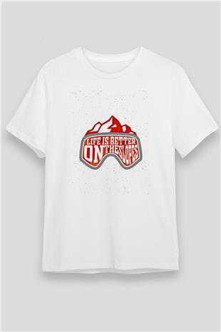 Snowboarding Baskılı Unisex Beyaz Tişört - Tshirt