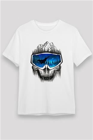 Snowboarding Baskılı Unisex Beyaz Tişört - Tshirt
