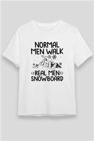Snowboarding Baskılı Unisex Beyaz Tişört - Tshirt