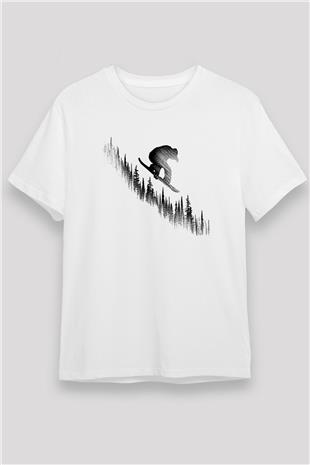 Snowboarding Baskılı Unisex Beyaz Tişört - Tshirt