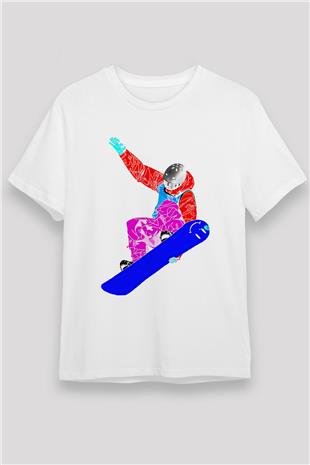 Snowboarding Baskılı Unisex Beyaz Tişört - Tshirt