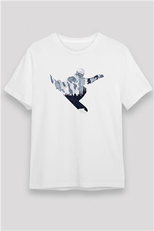 Snowboarding Baskılı Unisex Beyaz Tişört - Tshirt