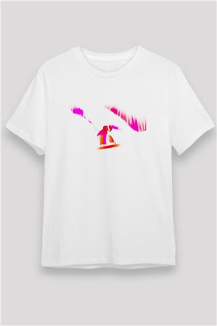 Snowboarding Baskılı Unisex Beyaz Tişört - Tshirt