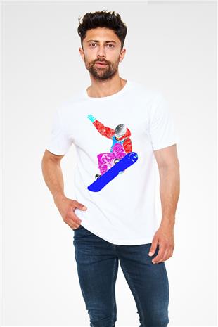 Snowboarding Baskılı Unisex Beyaz Tişört - Tshirt