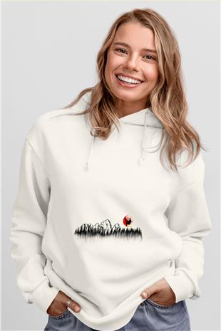 Snowboarding Baskılı Unisex Ekru Hoodie