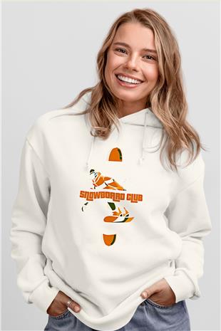 Snowboarding Baskılı Unisex Ekru Hoodie