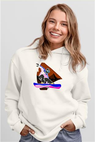 Snowboarding Baskılı Unisex Ekru Hoodie