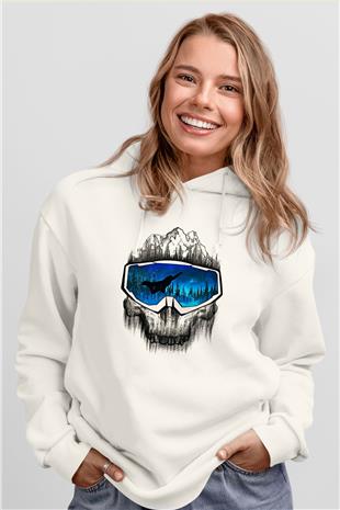 Snowboarding Baskılı Unisex Ekru Hoodie