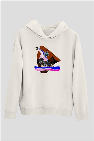 Snowboarding Baskılı Unisex Ekru Hoodie