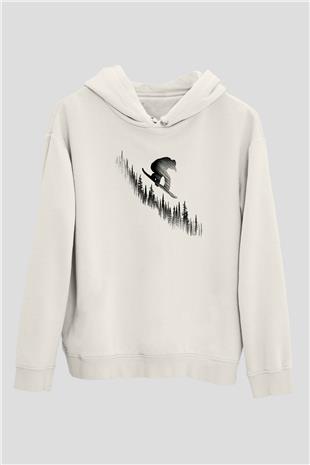 Snowboarding Baskılı Unisex Ekru Hoodie