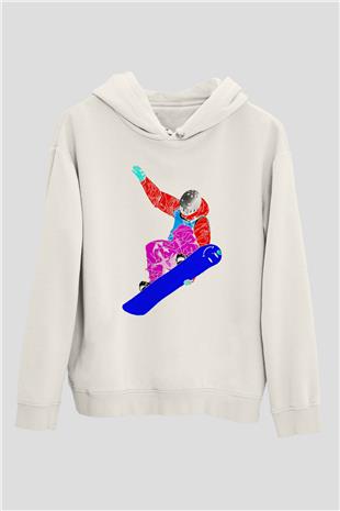 Snowboarding Baskılı Unisex Ekru Hoodie