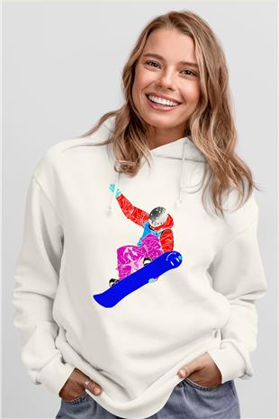 Snowboarding Baskılı Unisex Ekru Hoodie