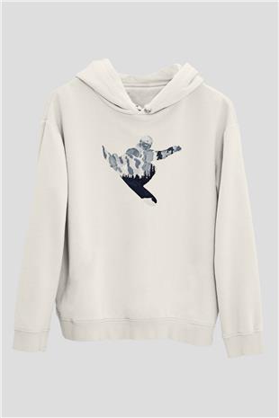 Snowboarding Baskılı Unisex Ekru Hoodie