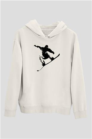 Snowboarding Baskılı Unisex Ekru Hoodie