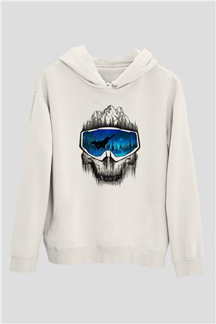 Snowboarding Baskılı Unisex Ekru Hoodie