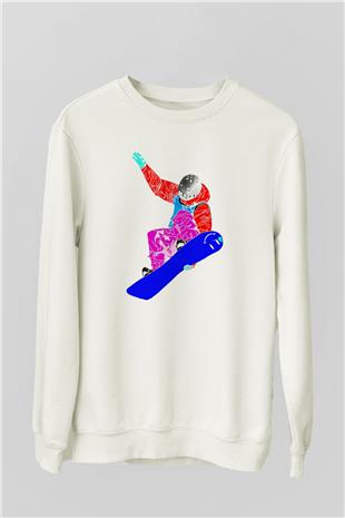 Snowboarding Baskılı Unisex Ekru Sweatshirt