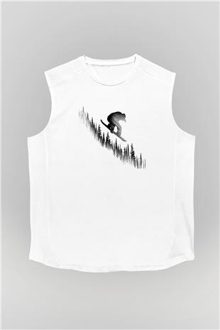 Snowboarding Baskılı Unisex Kolsuz Beyaz Tişört