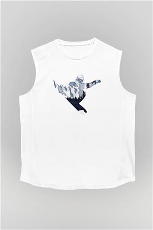 Snowboarding Baskılı Unisex Kolsuz Beyaz Tişört
