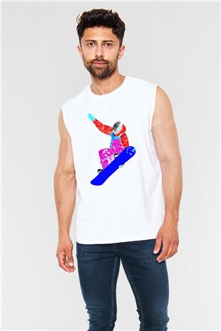 Snowboarding Baskılı Unisex Kolsuz Beyaz Tişört