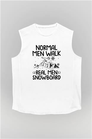 Snowboarding Baskılı Unisex Kolsuz Beyaz Tişört