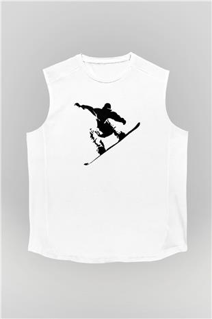 Snowboarding Baskılı Unisex Kolsuz Beyaz Tişört