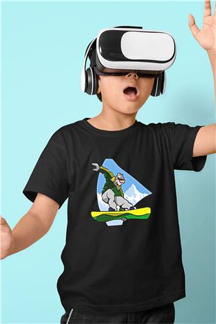 Snowboarding Baskılı Unisex Siyah Çocuk Tİşörtü - Tshirt