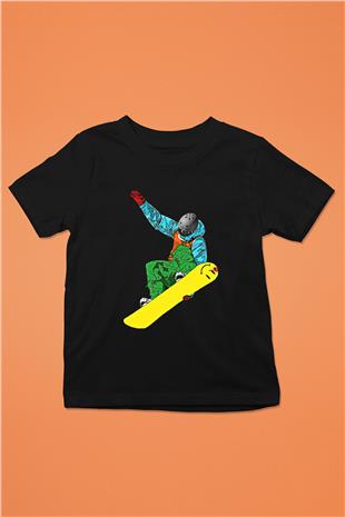 Snowboarding Baskılı Unisex Siyah Çocuk Tİşörtü - Tshirt